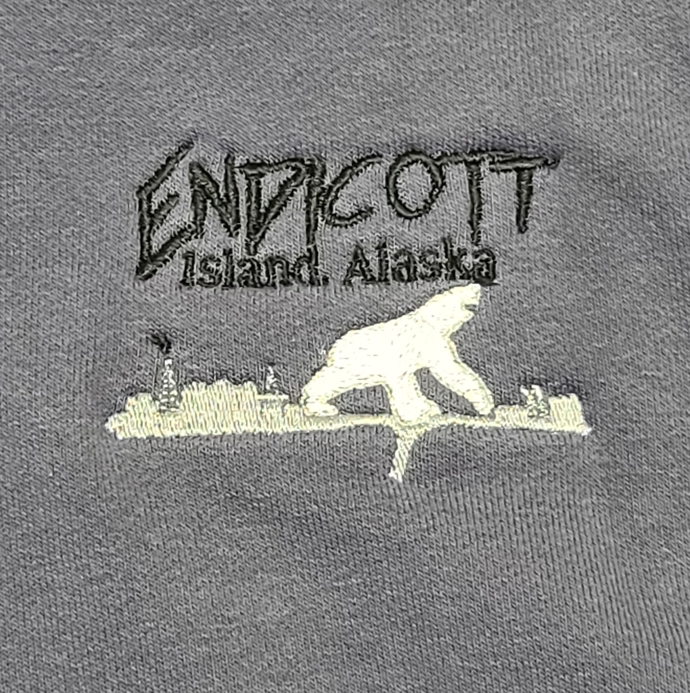 Endicott Island Alaska Embroidered Hoodie With Polar Bear And Oil Field, Blue - Picture 3 of 8